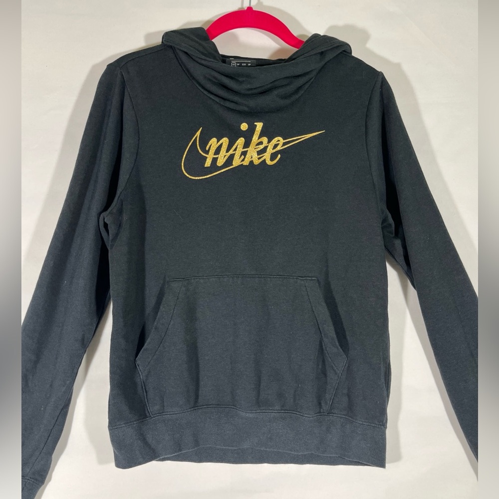 NIKE FUNNEL COWL‎ NECK SWEATSHIRT HOODIE WOMEN XS BLACK/GOLD GLITTER LOGO A73